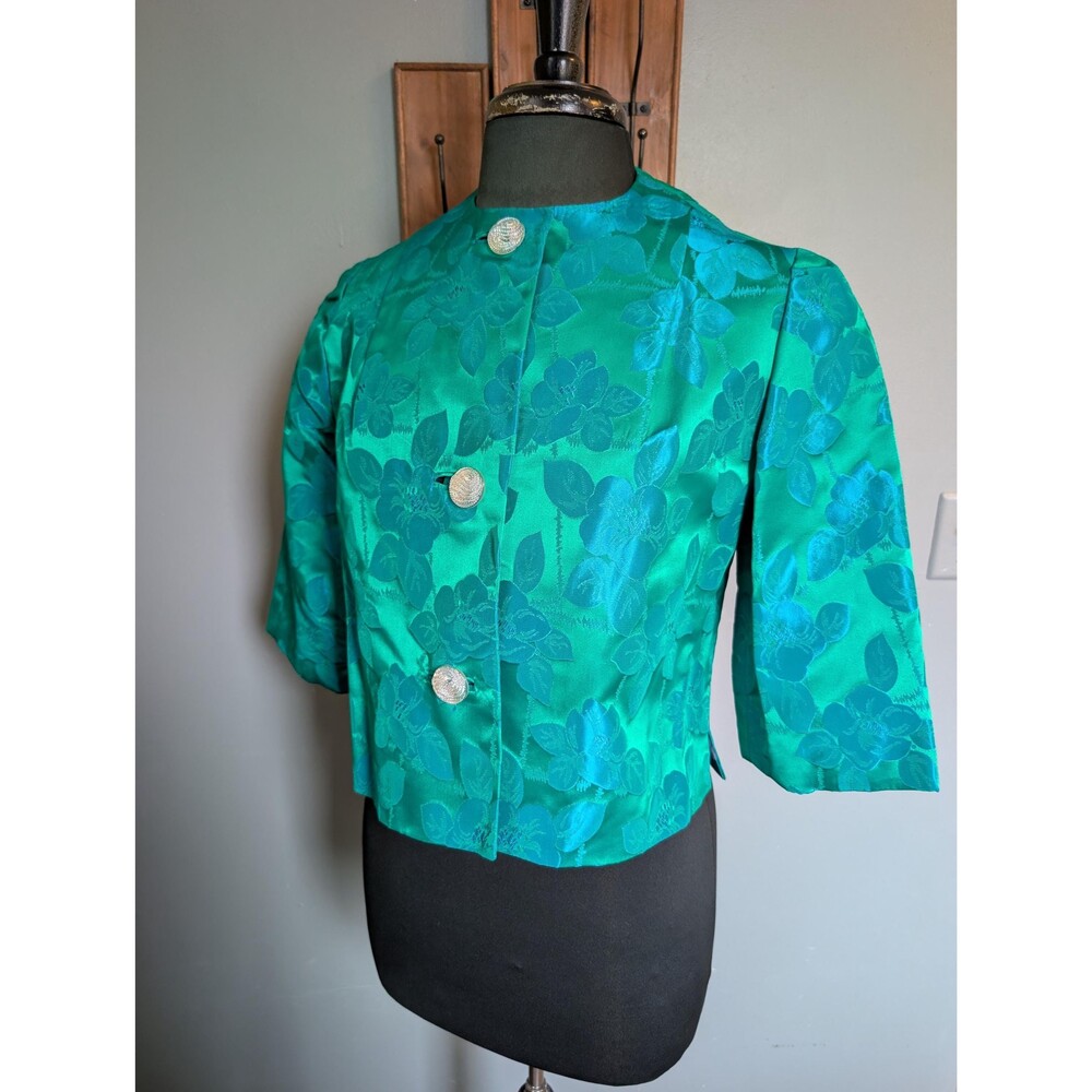 Vintage 60s Brocade Blue & Green Cropped Jacket, Formal Event Outfit